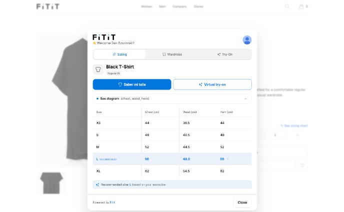 Size chart in the widget with the recommended size highlighted